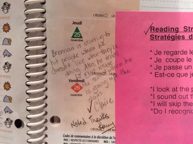 Handwritten note in a school agenda.
